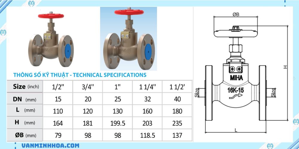 Van cầu mặt bích 1 chiều MIHA 16K 2