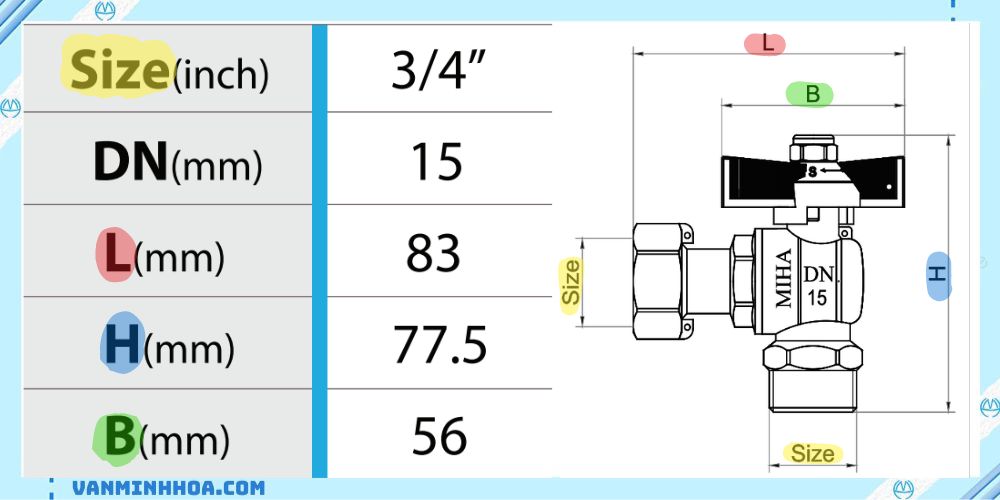 Van góc đồng MIHA có van 1 chiều lắp sau đồng hồ tay bướm ABS 2