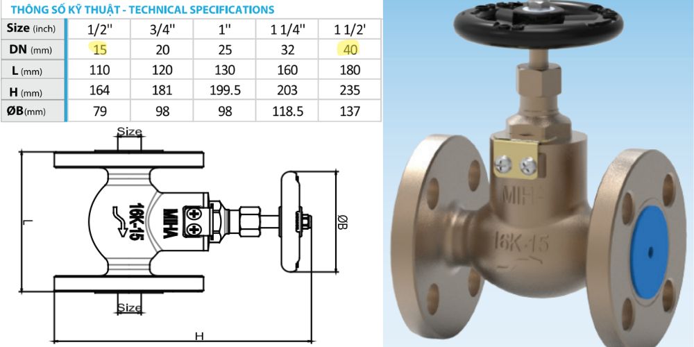 Van cầu mặt bích JIS 16K Miha