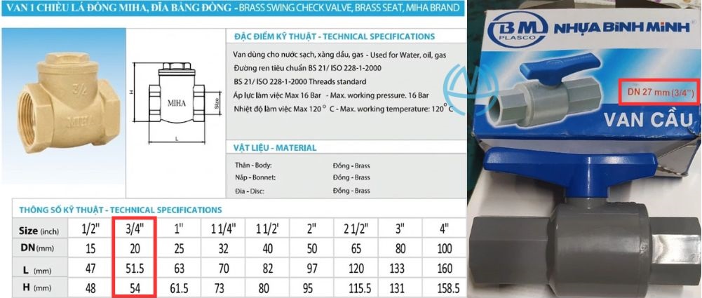 thông số van nước 1 chiều phi 27
