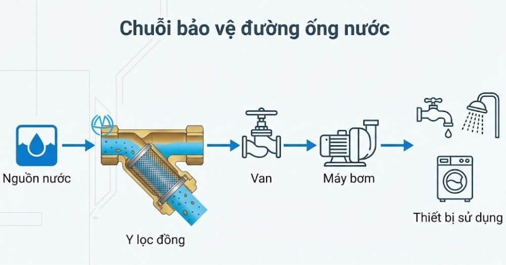 chuỗi bảo vệ đường ống bằng y lọc đồng