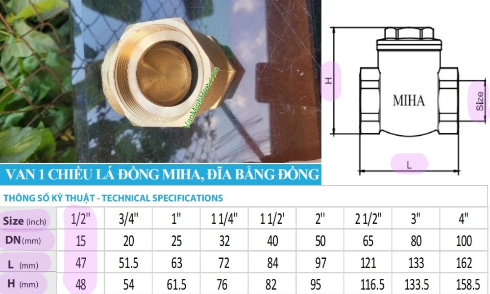 chi tiết model và kích thước van 1 chiều lá miha dn15
