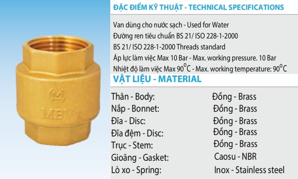 đặc điểm kỹ thuật của van 1 chiều lò xo mbv dn32