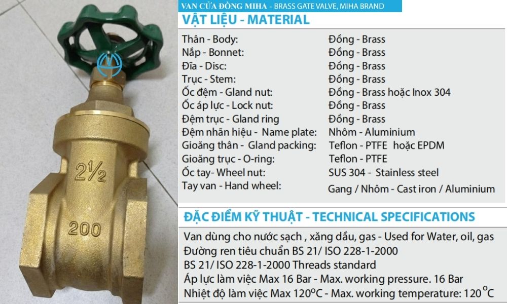 đặc điểm kỹ thuật của van cửa miha dn65