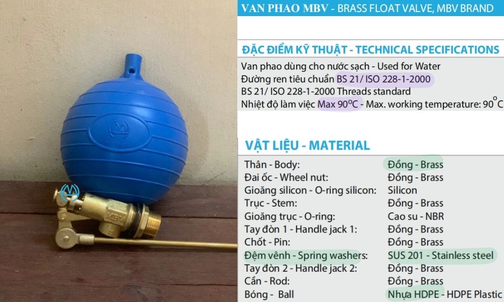 đặc điểm kỹ thuật của van phao mbv dn20