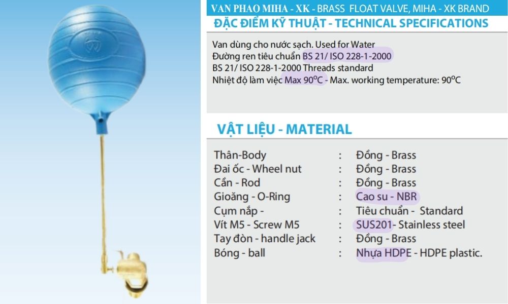 đặc điểm kỹ thuật của van phao miha xk dn20