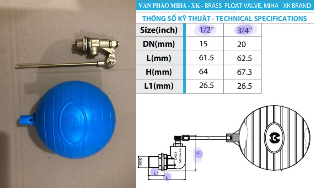kích cỡ van phao miha xk
