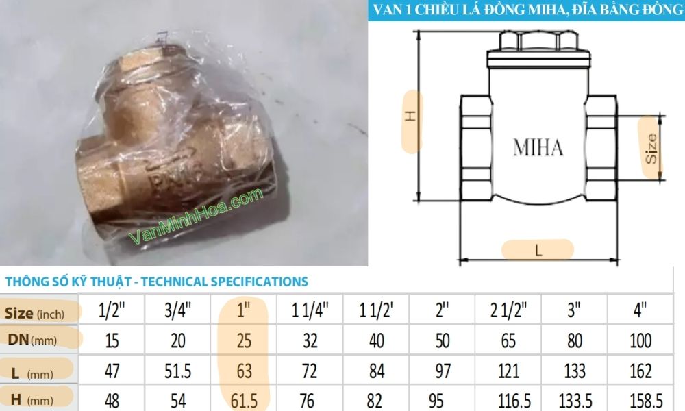 kích thước của van 1 chiều lá miha dn25