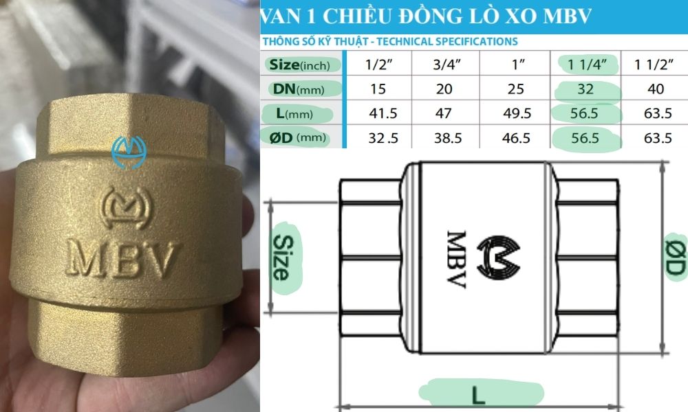 kích thước của van 1 chiều lò xo mbv dn32