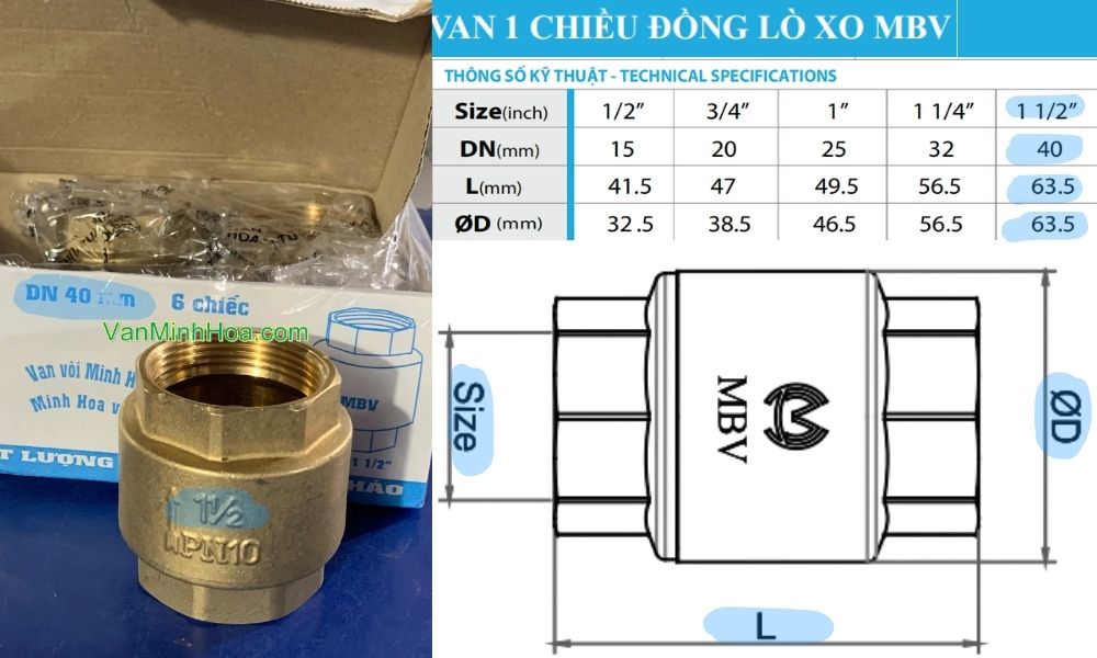 kích thước của van 1 chiều lò xo mbv dn40