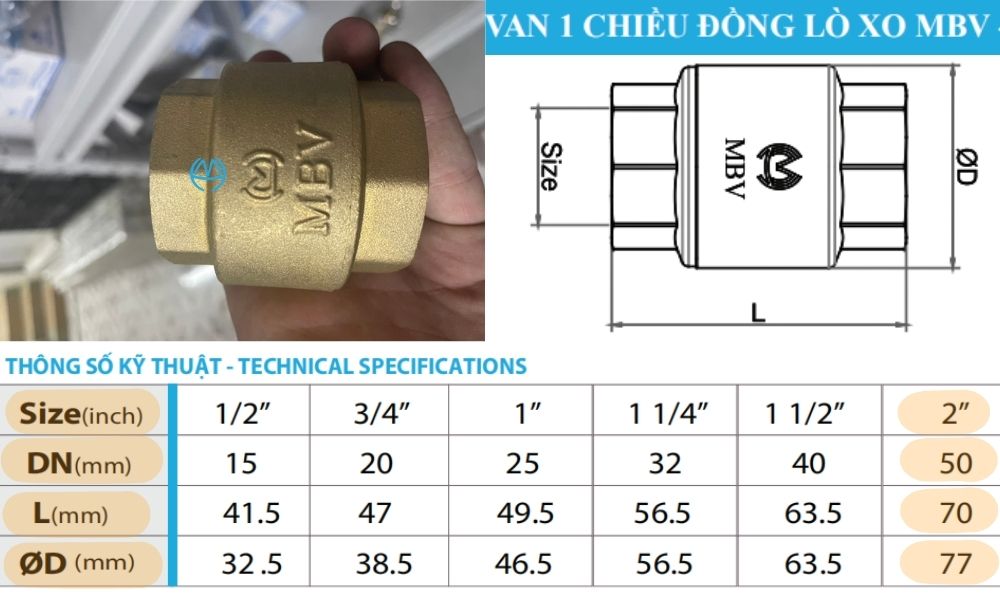 kích thước của van 1 chiều lò xo mbv dn50