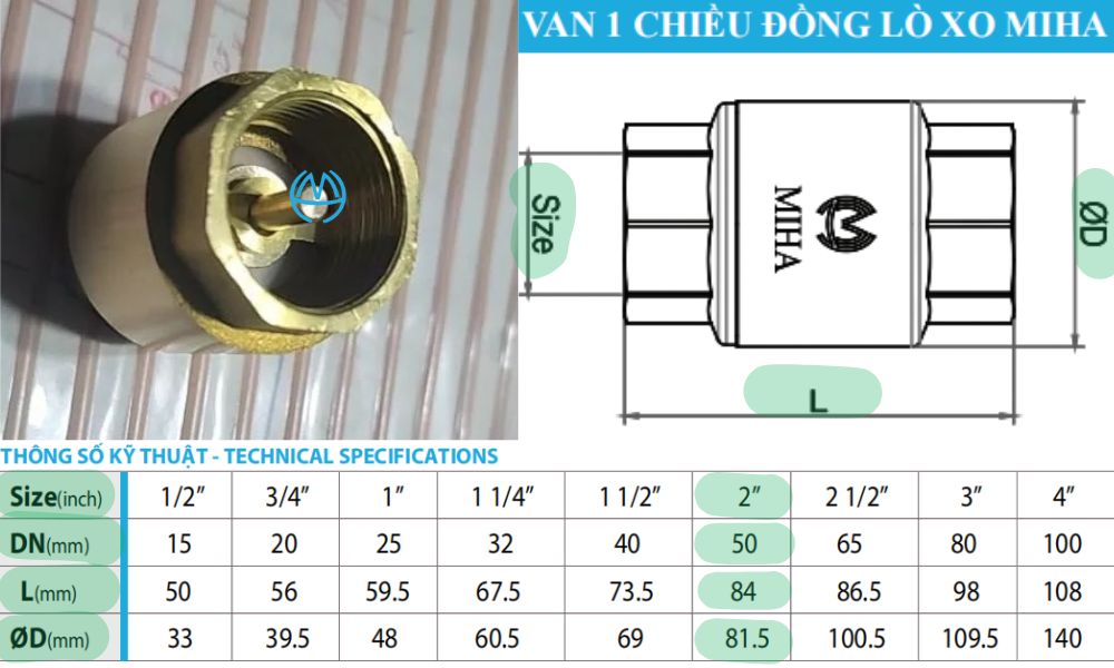 kích thước của van 1 chiều lò xo miha dn50
