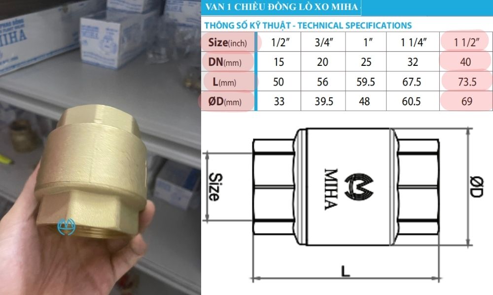 kích thước của van 1 chiều miha dn40
