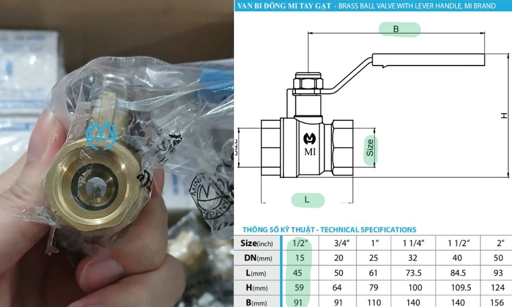 kích thước của van bi mi dn15