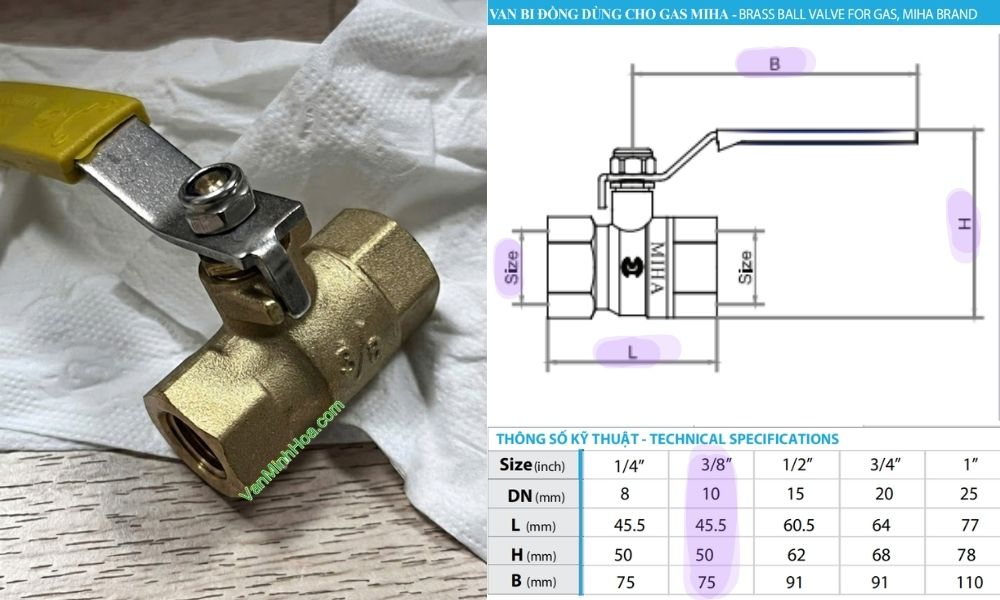 kích thước của van bi miha pn30 dn10