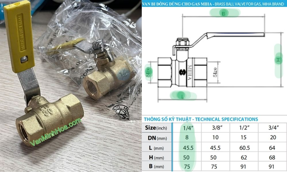 kích thước của van bi miha pn30 dn8