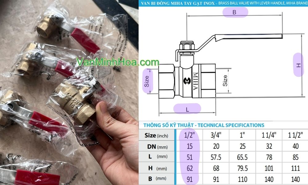 kích thước của van bi miha tay inox dn15