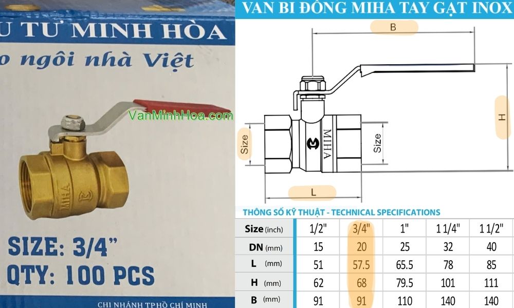 kích thước của van bi miha tay inox dn20