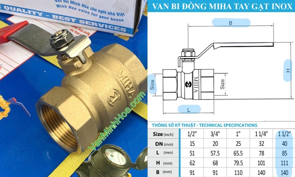 kích thước của van bi miha tay inox dn40