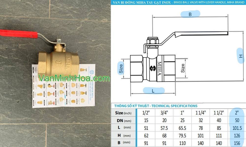 kích thước của van bi miha tay inox dn50