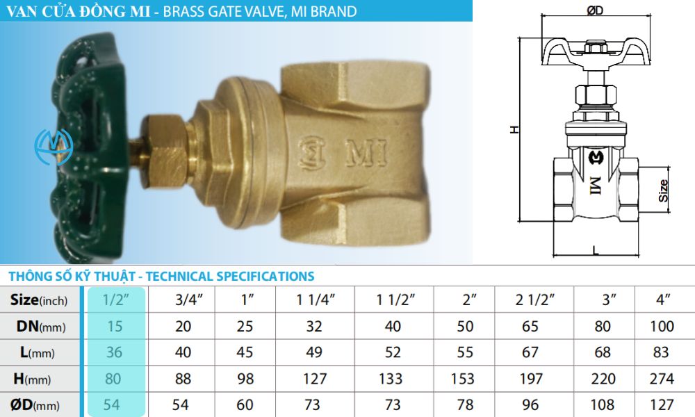 kích thước của van cửa mi dn15