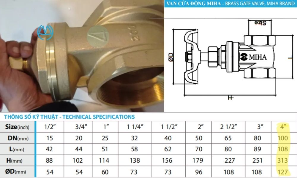 kích thước của van cửa miha dn100