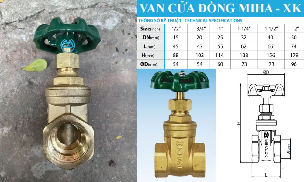 kích thước của van cửa miha xk dn15