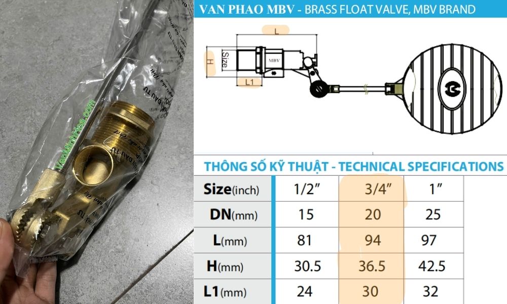 kích thước của van phao mbv dn20