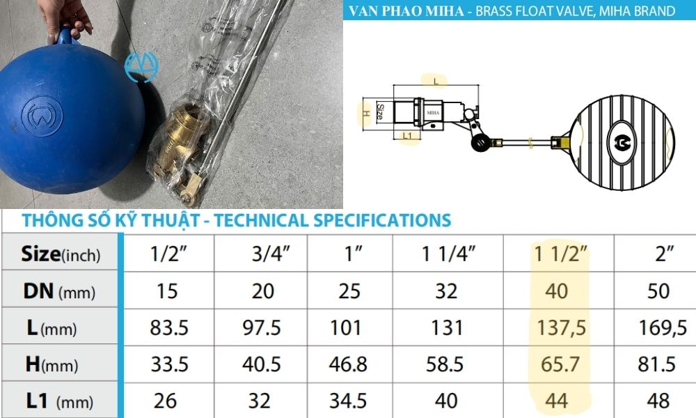 kích thước của van phao miha dn40