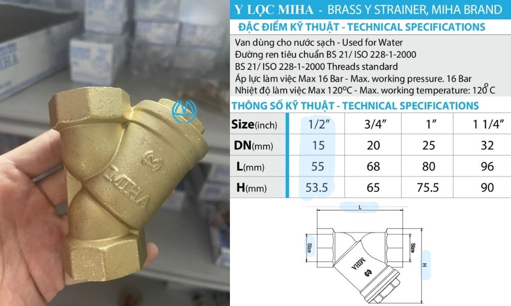 kích thước của y lọc miha dn15