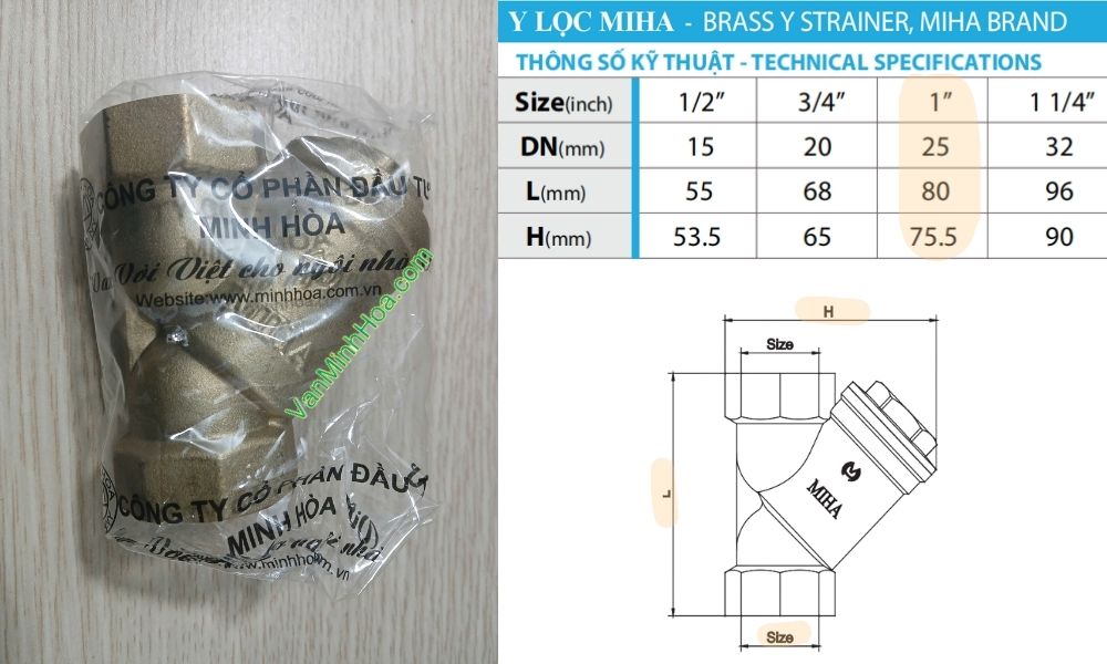 kích thước của y lọc miha dn25