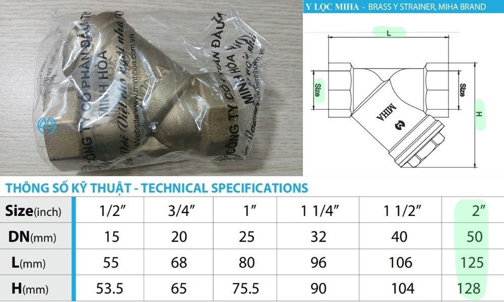 kích thước của y lọc miha dn50