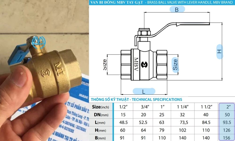 kích thước tiêu chuẩn của van bi mi dn50