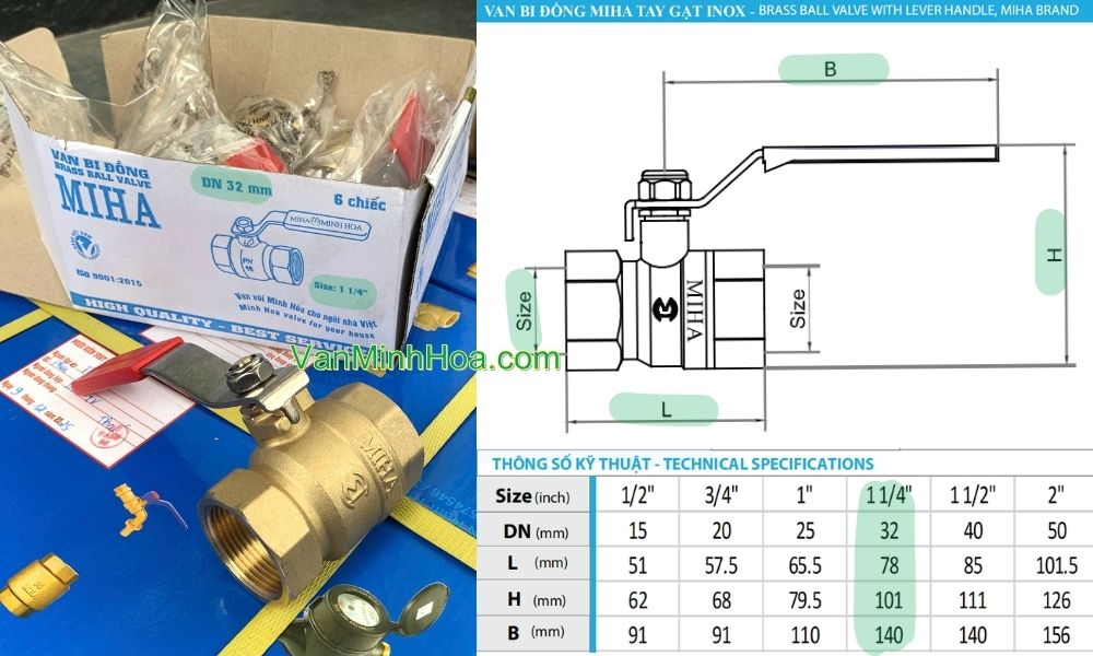 kích thước tiêu chuẩn của van bi miha tay inox dn32
