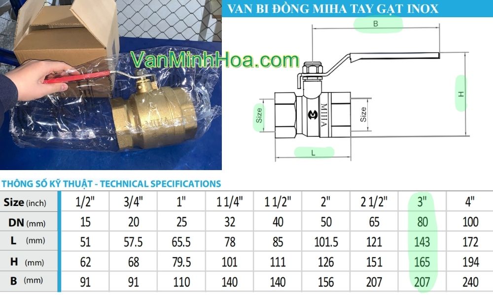kích thước tiêu chuẩn của van bi miha tay inox dn80