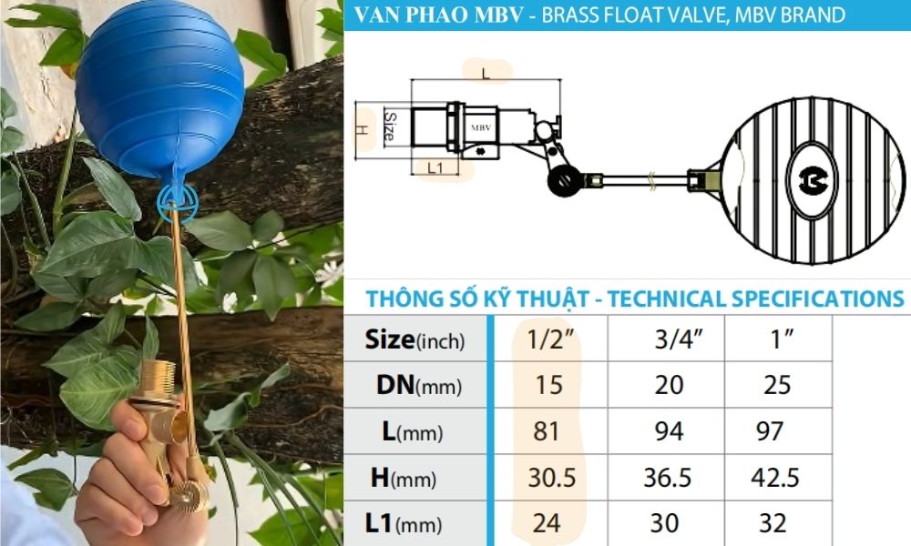kích thước tiêu chuẩn của van phao mbv dn15