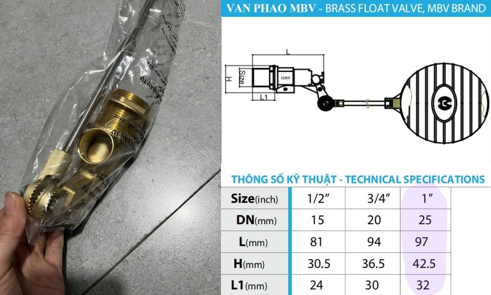kích thước tiêu chuẩn của van phao mbv dn25