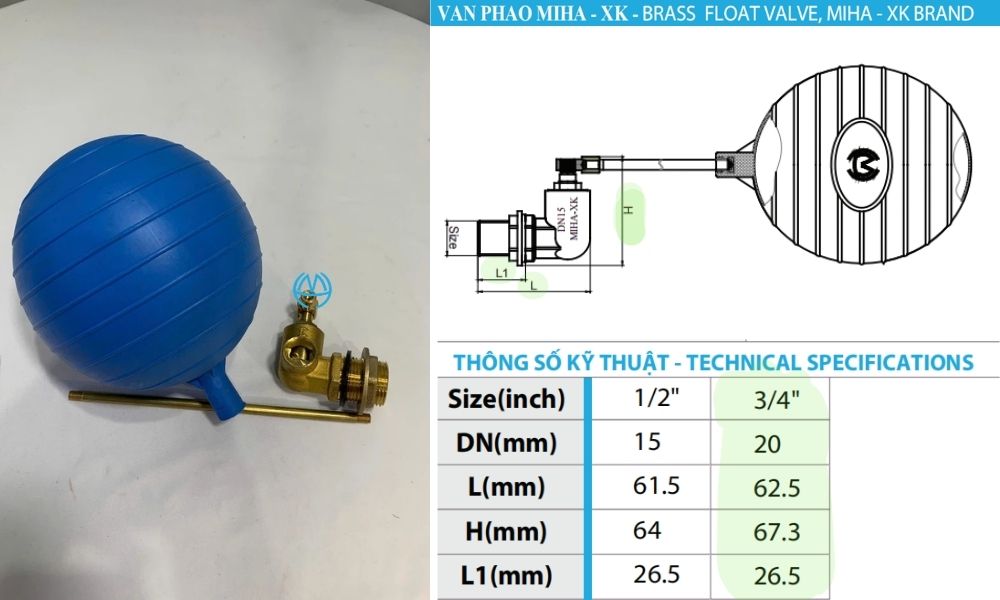 kích thước tiêu chuẩn của van phao miha xk dn20