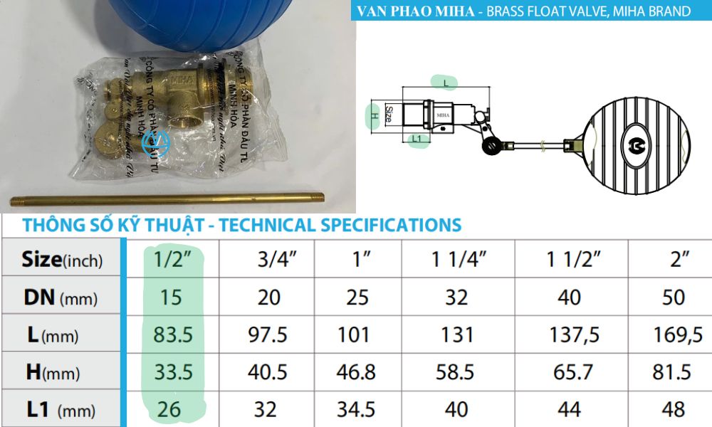 kích thước của van phao miha dn15