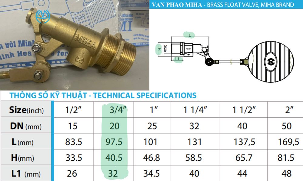 kích thước của van phao miha dn20