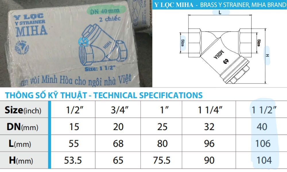 kích thước của y lọc miha dn40