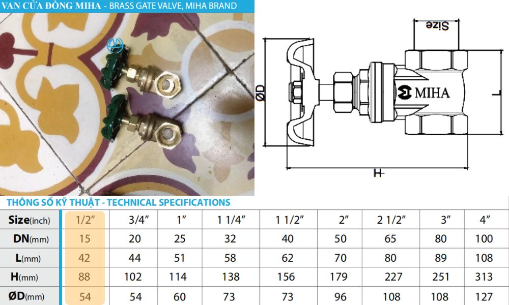 kích thước của van cửa miha dn15