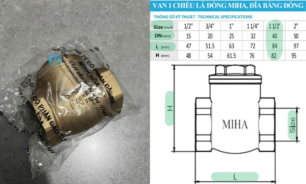 thông số kích thước của van 1 chiều lá miha dn40