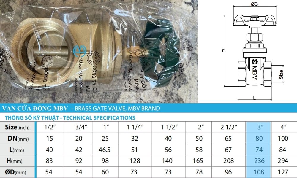 thông số kích thước của van cửa mbv dn80
