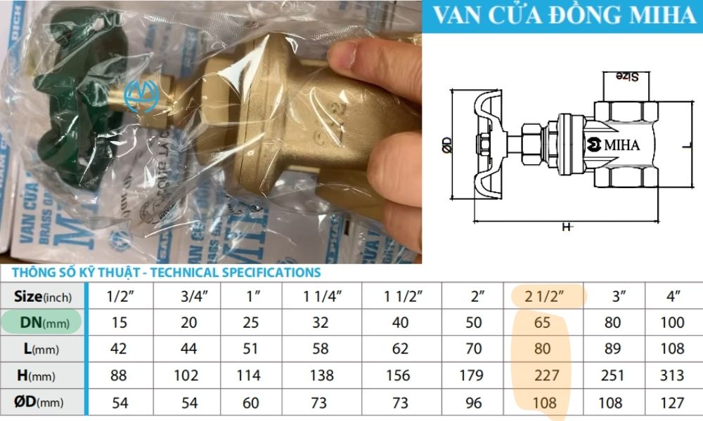 thông số kích thước của van cửa miha dn65