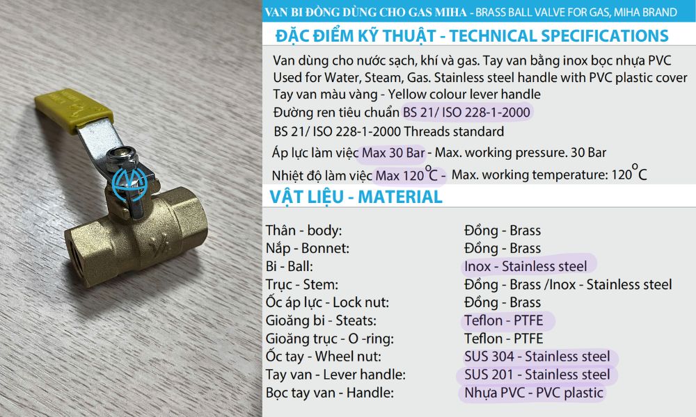 thông số kỹ thuật chính van bi gas miha