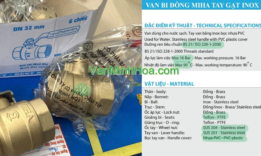 vật liệu cấu thành của van bi miha tay inox dn32