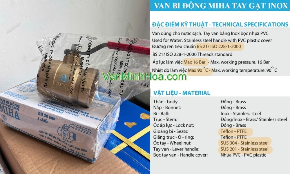 vật liệu của van bi miha tay inox dn50