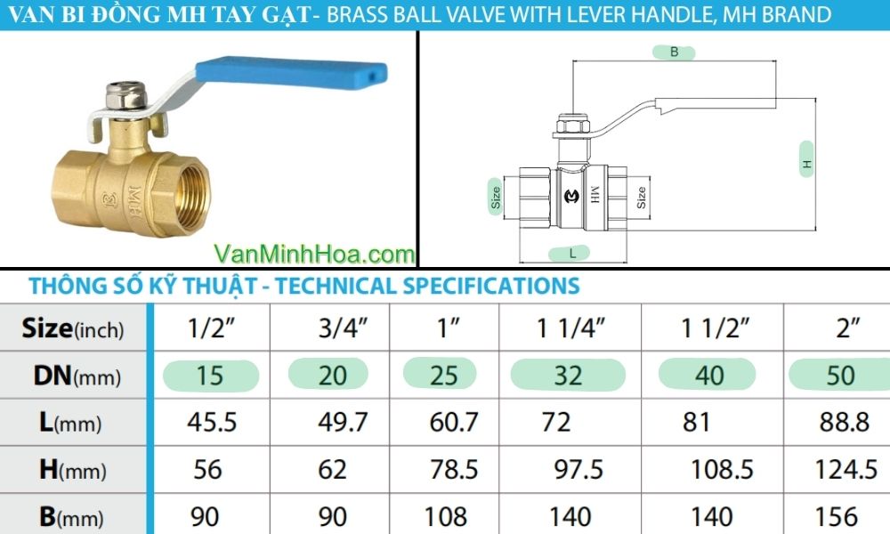 bảng kích cỡ và kích thước van bi đồng mh