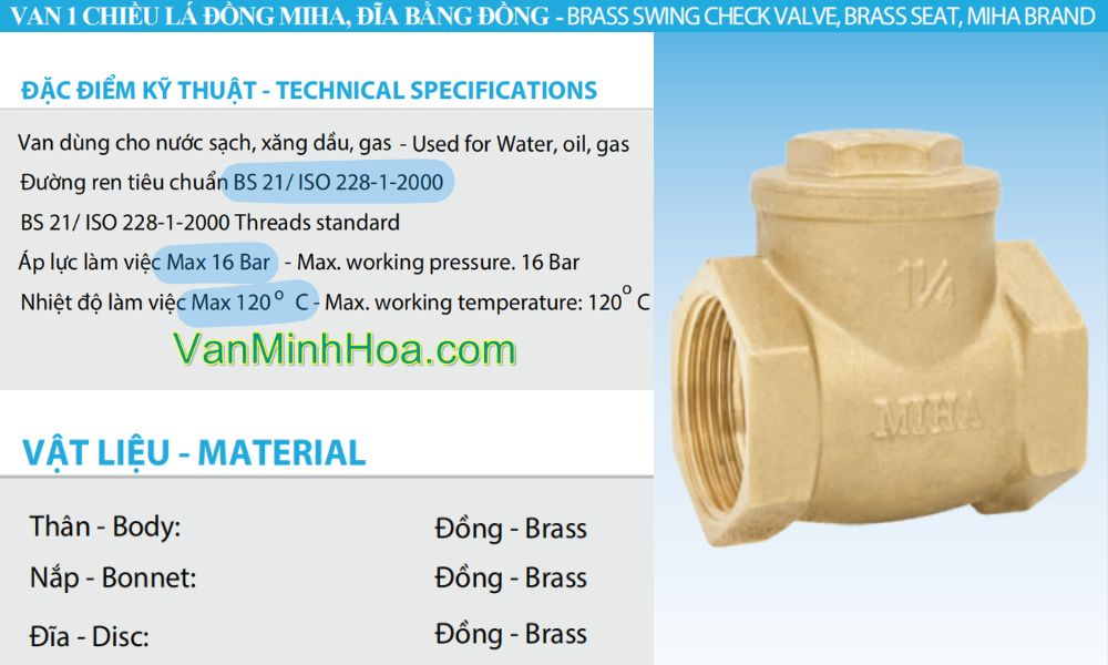 đặc điểm kỹ thuật của van 1 chiều lá miha dn50